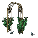 animated gif of an ornate metal archway overgrown with shrubbery, two birds pecking at the ground in front of it